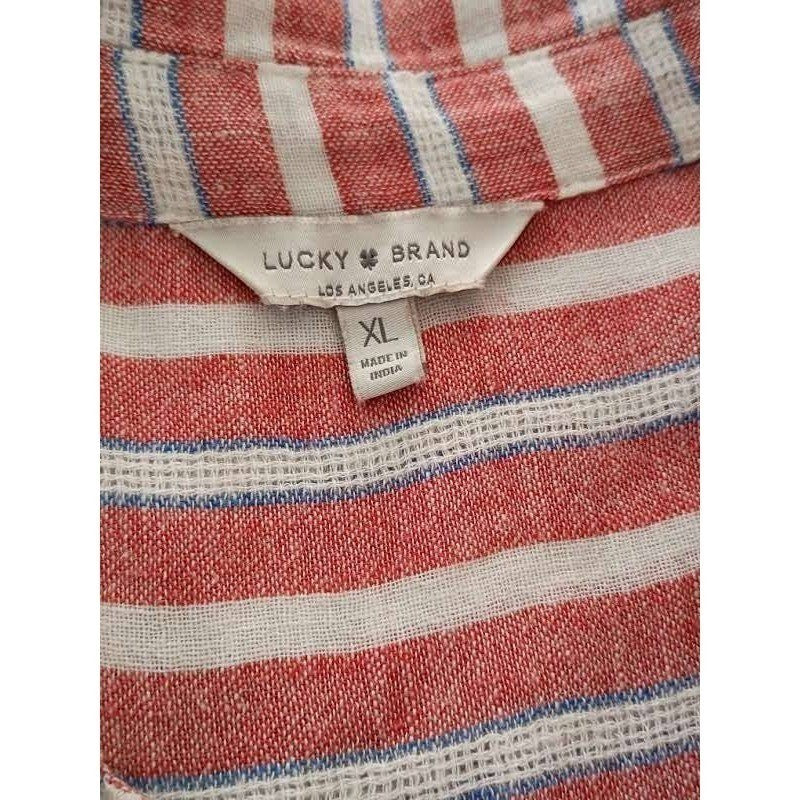 LUCKY BRAND Striped Button Up Tie Frnt Shirt Red Wht Blue Linen Blend XL Coastal