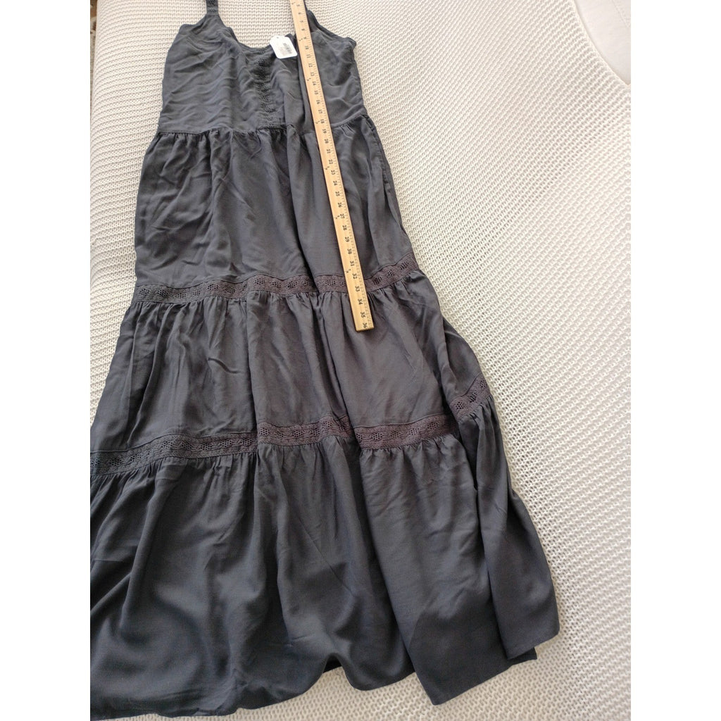 NWT Splendid Dark Gray Tiered Maxi Dress Crochet Lace Trim Boho Viscose M $188
