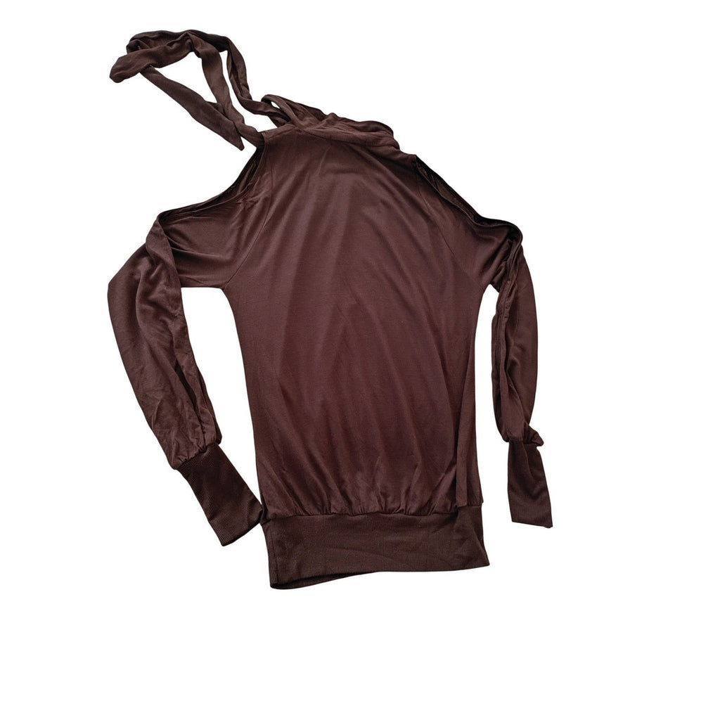 NWT ARDEN B. Y2K Chic Brown Halter Neck Tie Top Ruched Long Sleeve Fits S