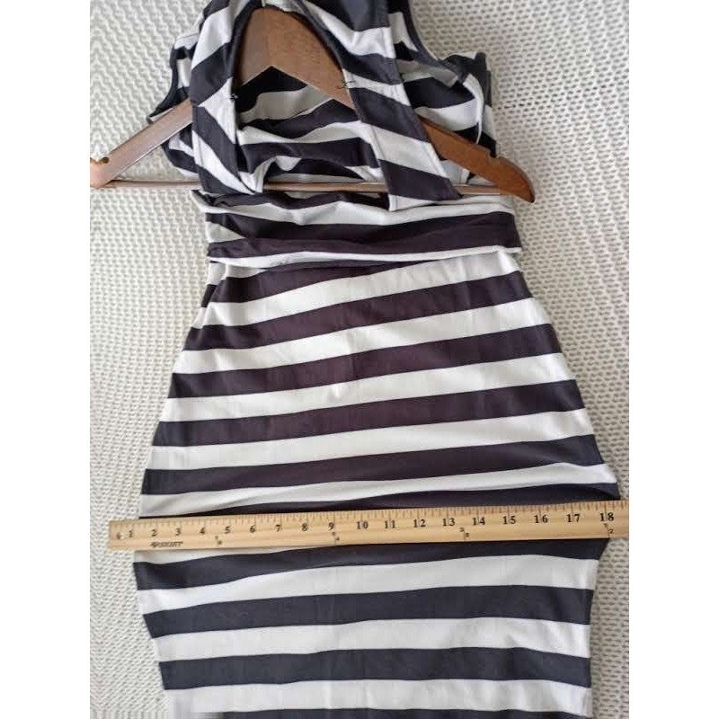 Rachel Roy Black/Wht Cotton Striped Slvless Draped Sheath Midi Dress Fits S $129