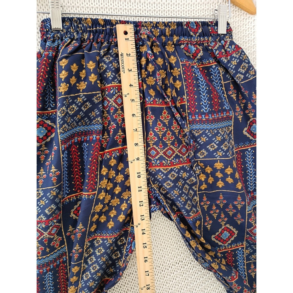 RHEA NWT Silk Blend Bohemian Patchwork Wide Leg Pants S/M Navy Red Gold Boho