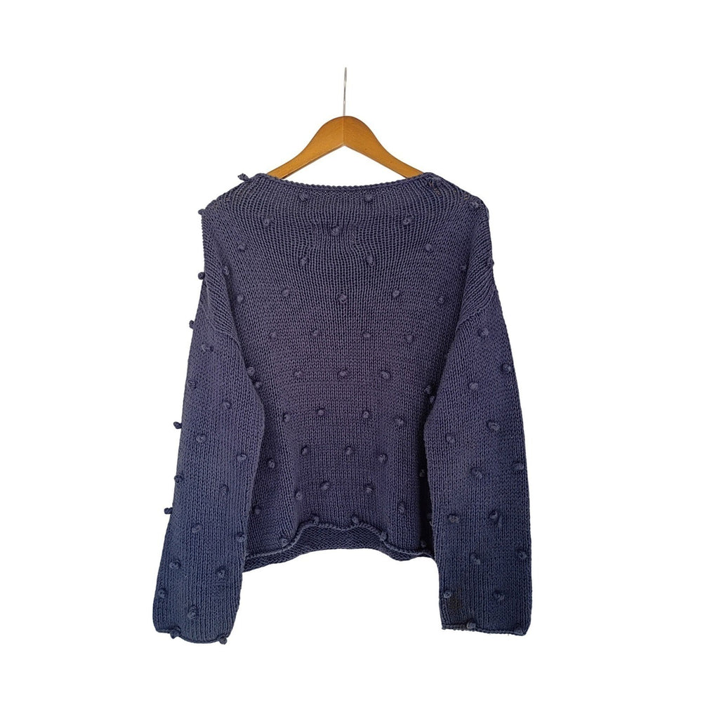 Pure Handknit Blue Cotton Bobble Sweater M/L Boat Neck Long Sleeve