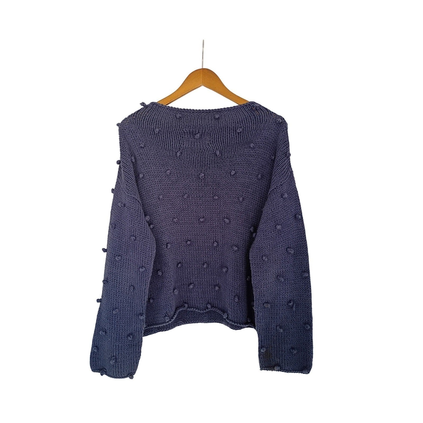 Pure Handknit Blue Cotton Bobble Sweater M/L Boat Neck Long Sleeve