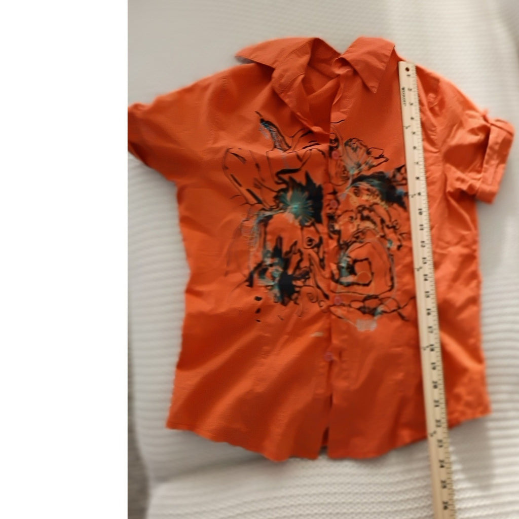 ARTISAN Orange Button-Front Shirt East Asian Inspired Floral Art Ink-Style S