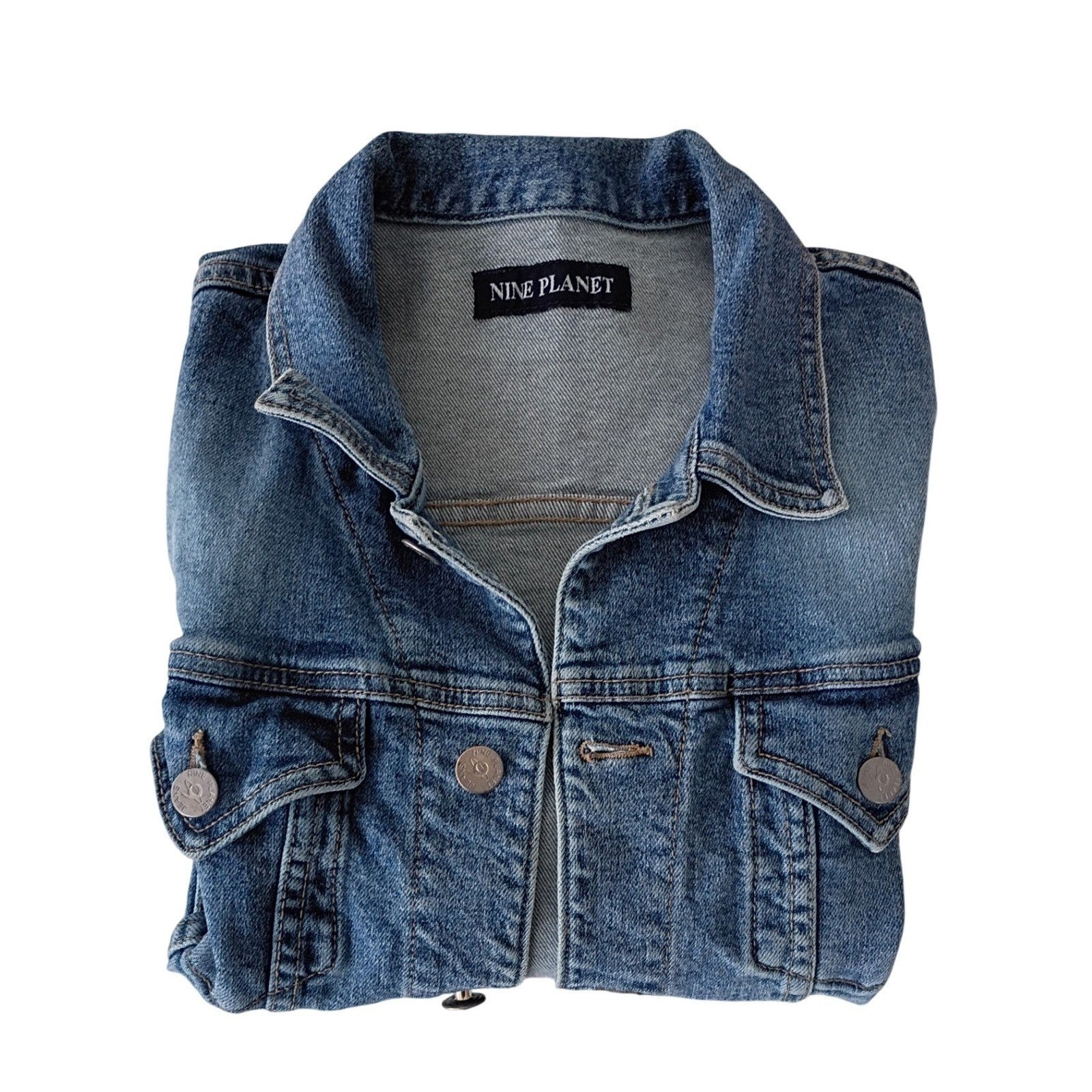Nine Planet Vintage Y2K Cropped Denim Jacket S Fitted Blue Jean Retro Cyber