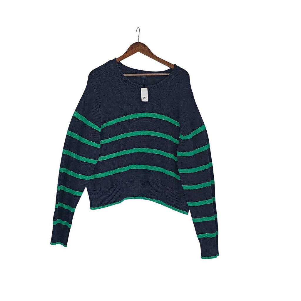 GAP NWT Navy Green Striped 100% Cotton Crewneck Sweater L Pullover Relaxed Fit
