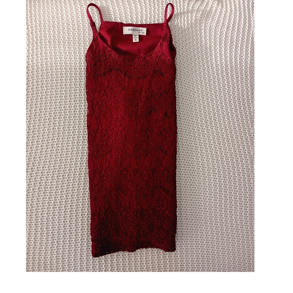 MONTEAU LA Burgundy Lace Halter Top S Romantic Coquette Elegant Cotton Blend