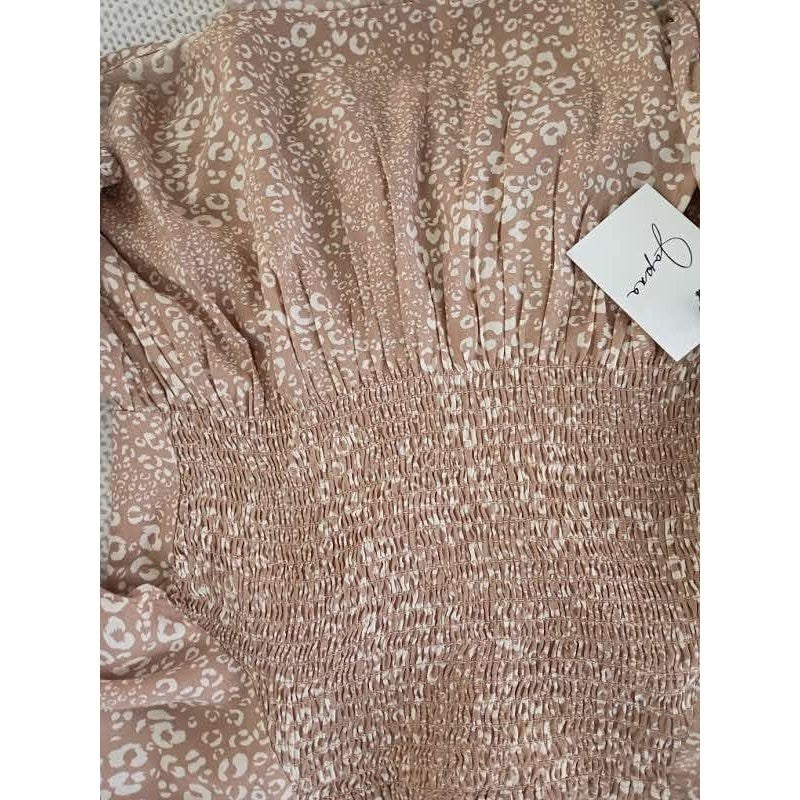 Japna Leopard Print Smocked Peplum Top M NWT Square Neck Long Slve Peasant Boho