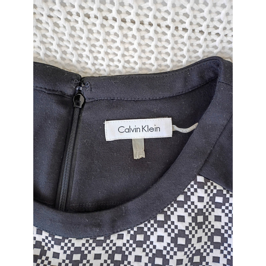 Calvin Klein Black White Geometric Sheath Midi Dress Sleeveless 12 Work Career