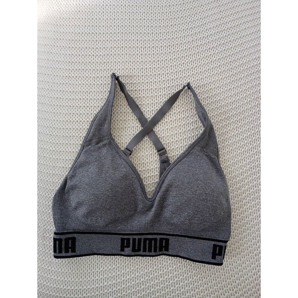 Puma Heather Grey Seamless Cross Back Sports Bra Logo Band Adjustable Small S