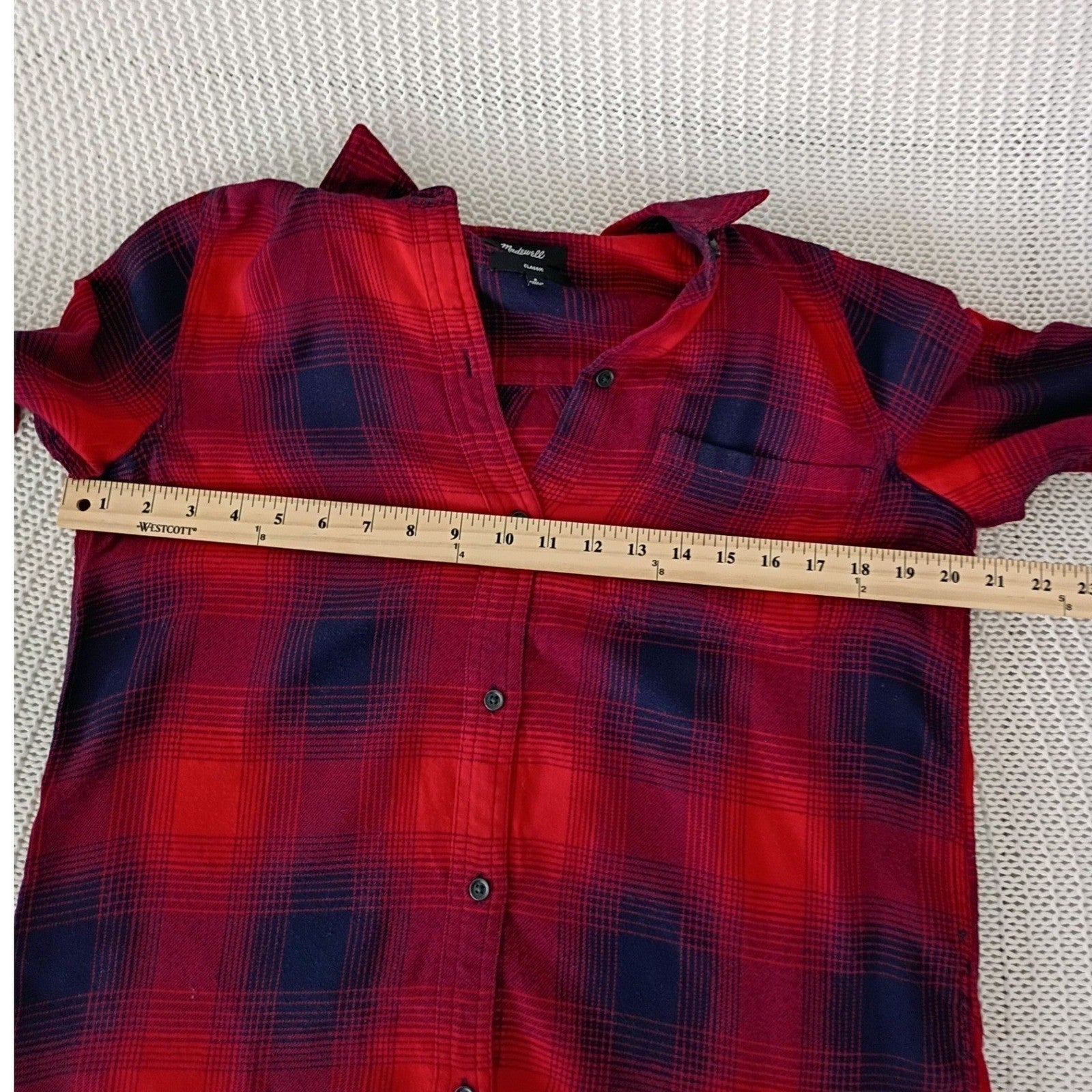 Madewell Red Navy Plaid Button Down Shirt Cotton Blend Hi-Low Hem Fits Women M/L
