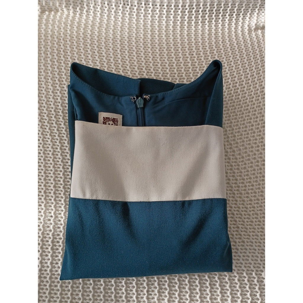 VTG Anne Klein Teal Ivory Colorblock Sheath Dress Slveless Zip 6 Career Classic