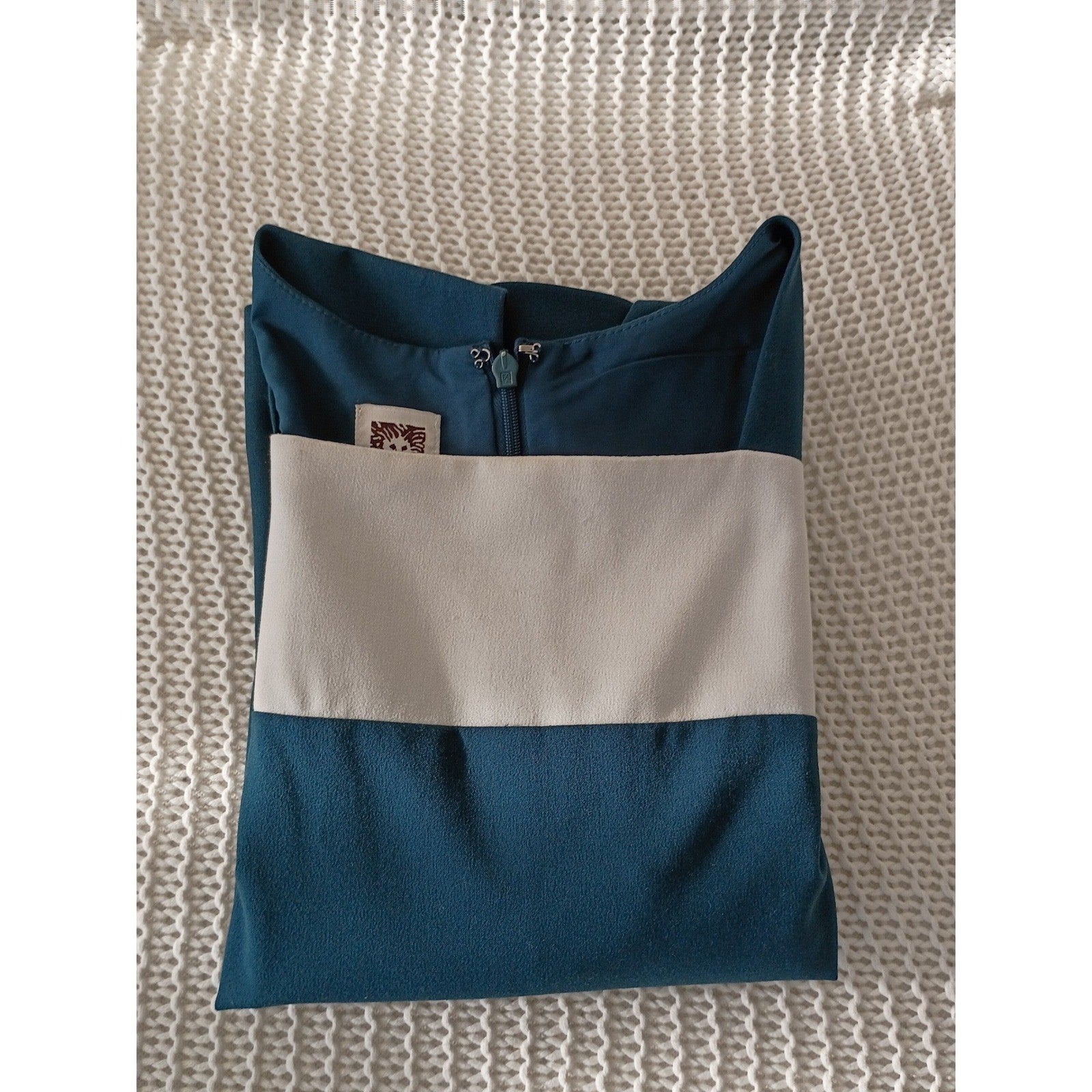 VTG Anne Klein Teal Ivory Colorblock Sheath Dress Slveless Zip 6 Career Classic