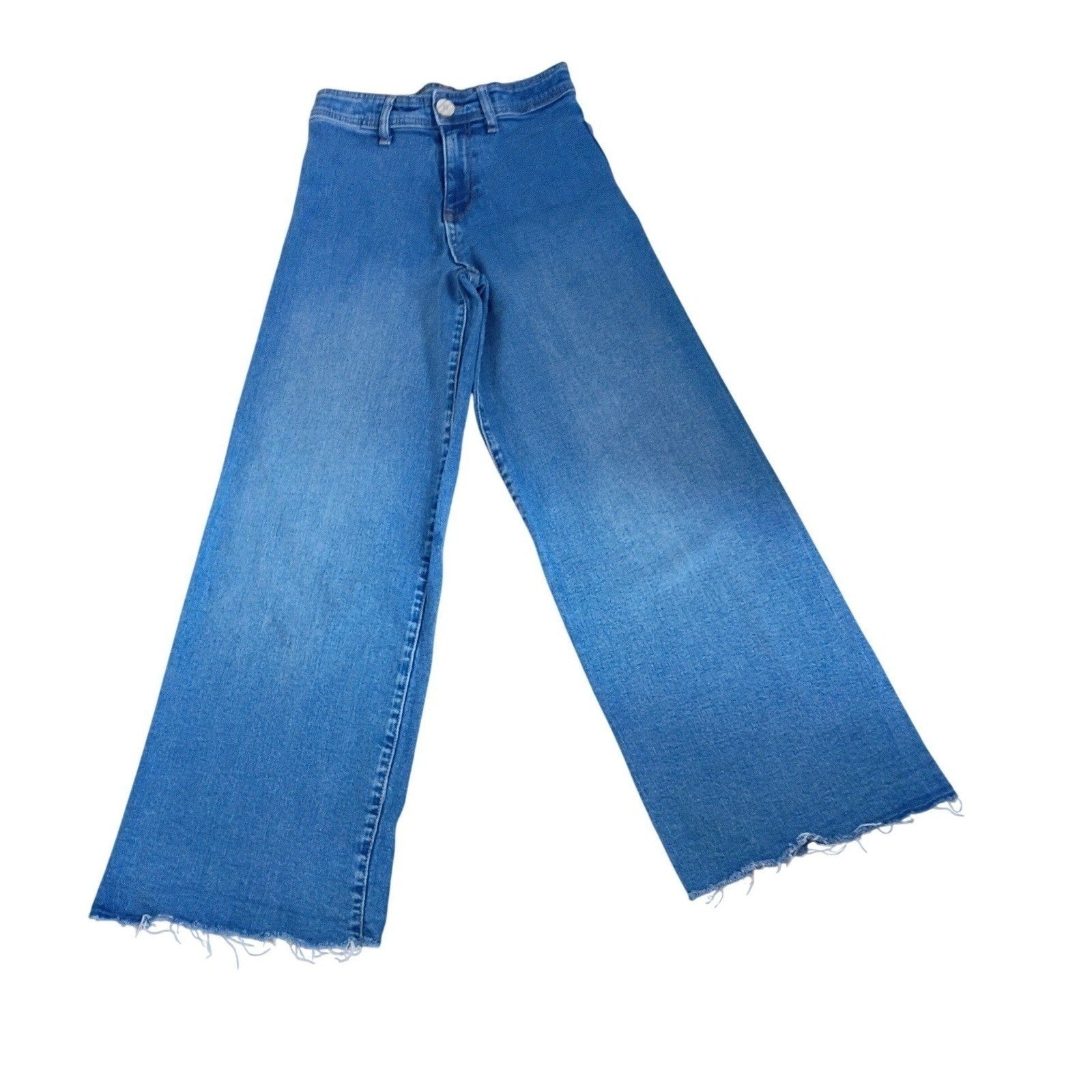 Zara High Super High Rise Wide Leg Jeans Blue Denim Frayed Hem Womens 24x28