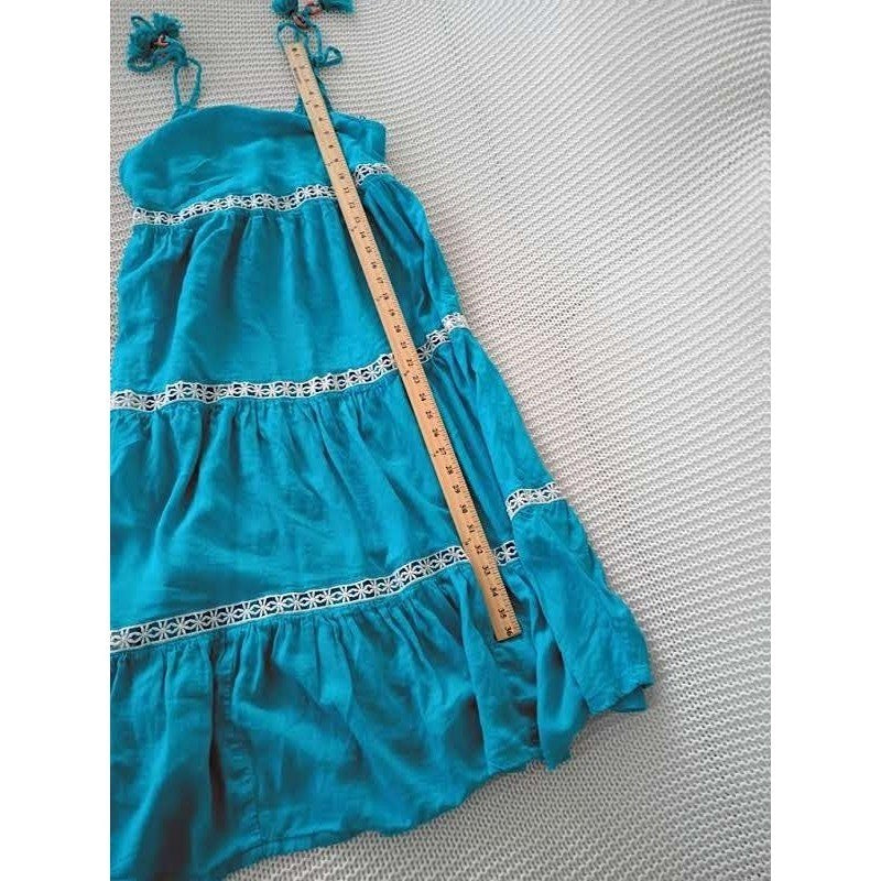 Rachel Zoe Linen Blend Tiered Midi Dress Teal Crochet Lace Boho Cottage S
