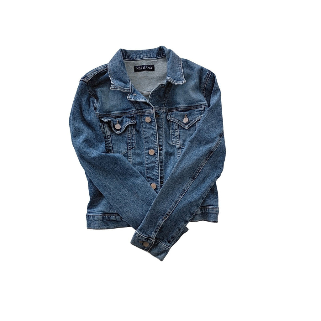 Nine Planet Vintage Y2K Cropped Denim Jacket S Fitted Blue Jean Retro Cyber