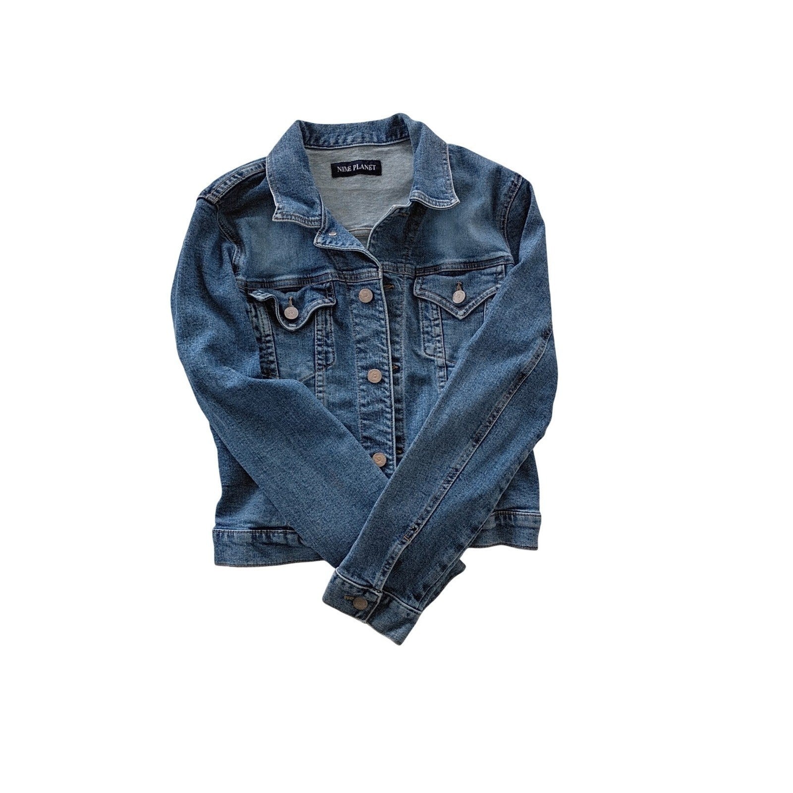 Nine Planet Vintage Y2K Cropped Denim Jacket S Fitted Blue Jean Retro Cyber