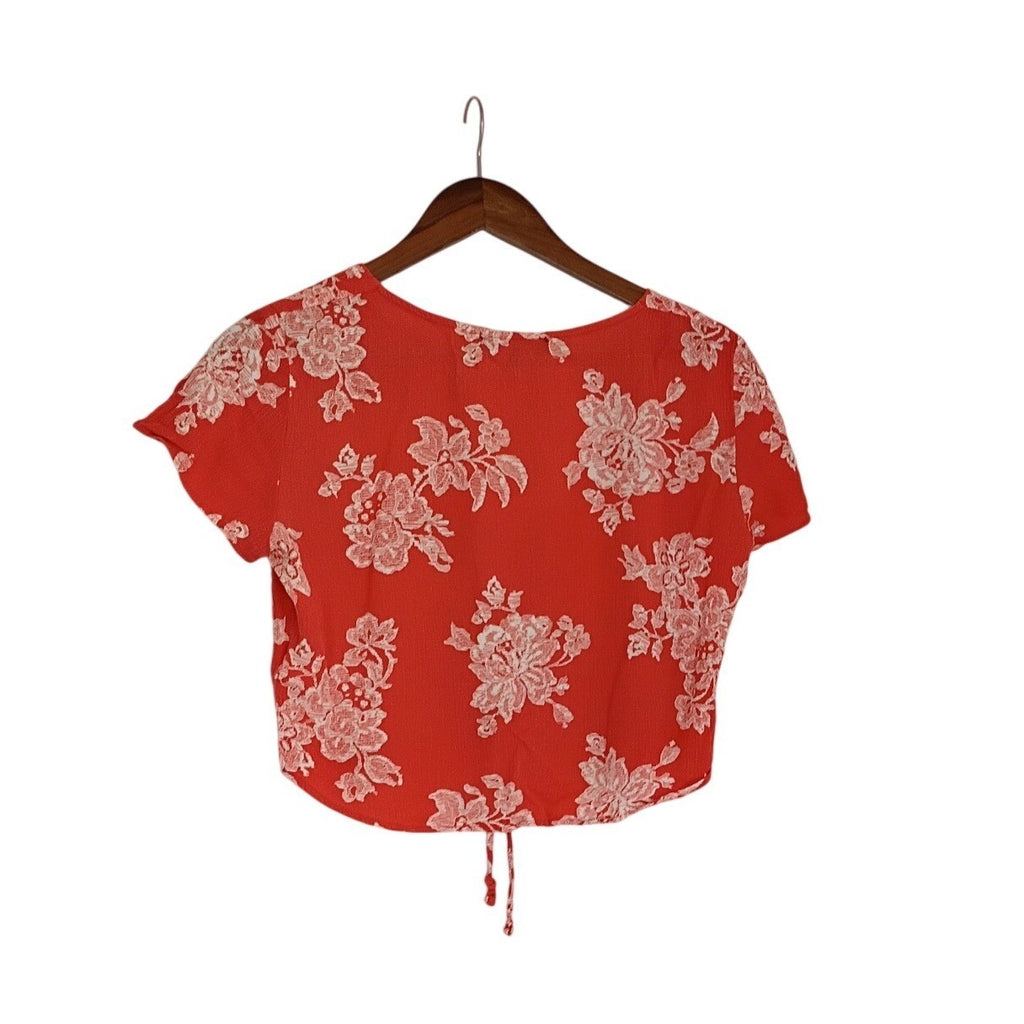 Lulus Coquette Red White Floral Tie Front Crop Top Puff Sleeve Milkmaid S