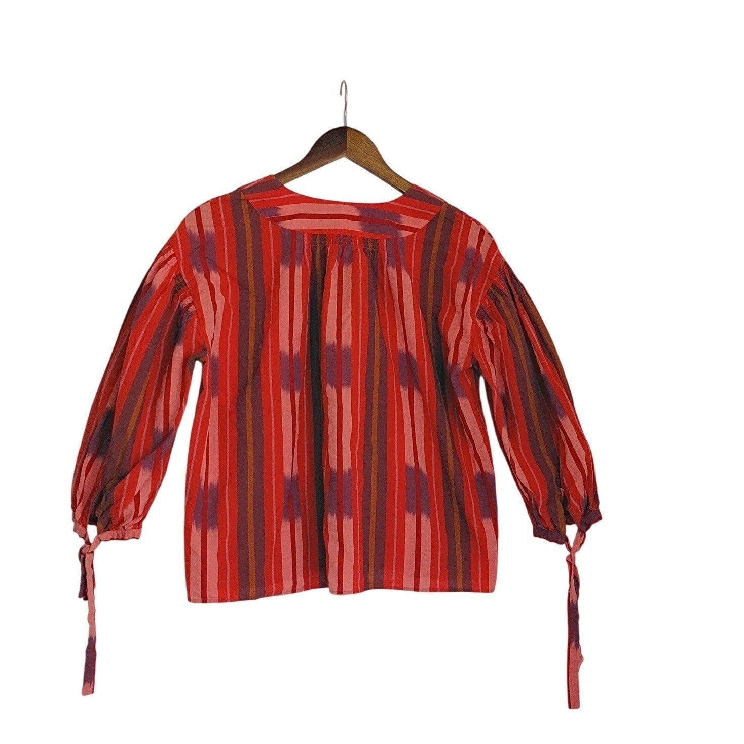 Madewell Red Boho Ikat Stripe 100% Cotton Tie Cuff Blouse Fits S M NWOT $78
