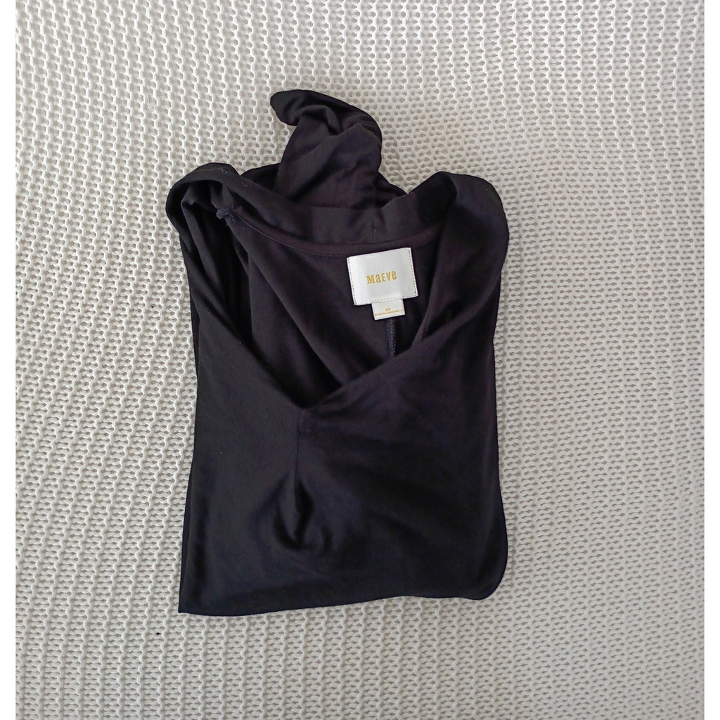 Maeve Anthropologie Black Ruched Draped V-Neck Long Sleeve Blouse S/M Minimalist
