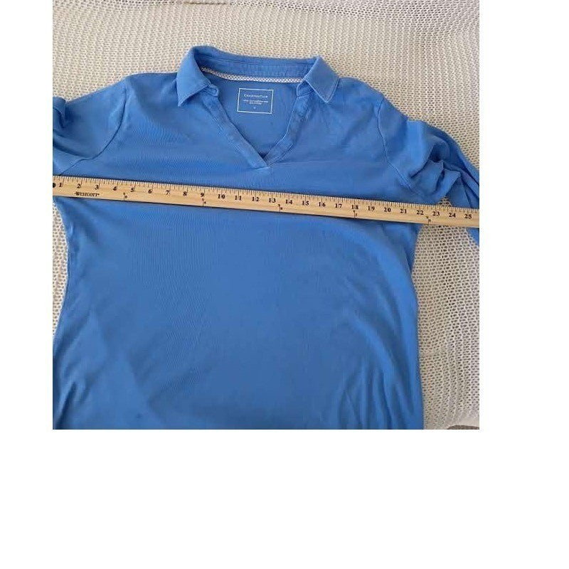 Charter Club Blue 100% Supima Cotton Long Sleeve Split V-Neck Polo Shirt L