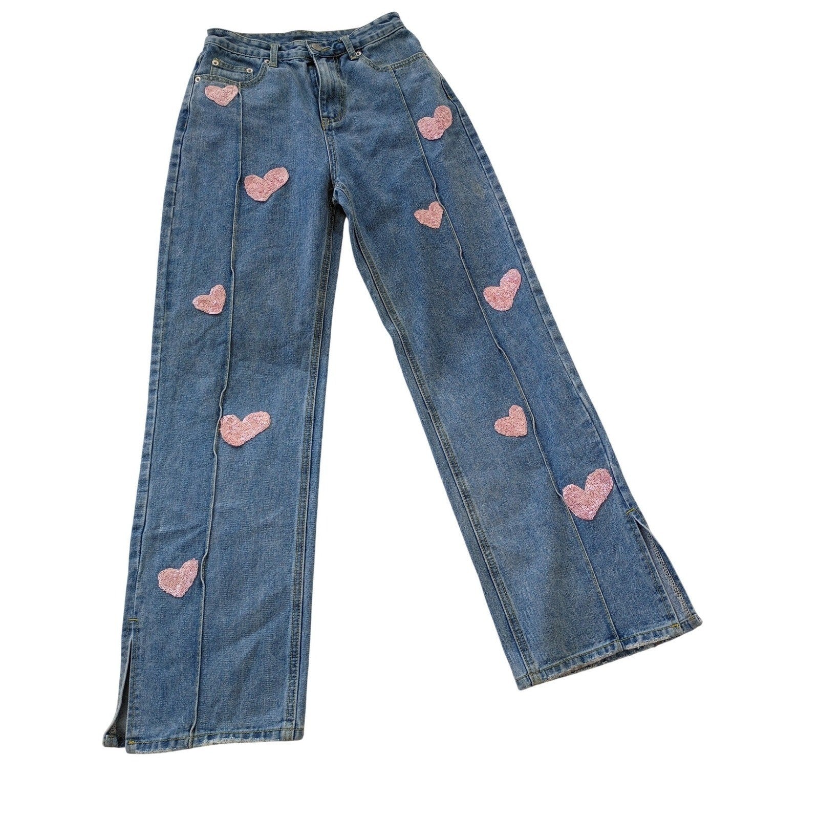 CIDER PINK Closet Sequin Heart Straight Leg Jeans High Rise Side Slit S 25x30