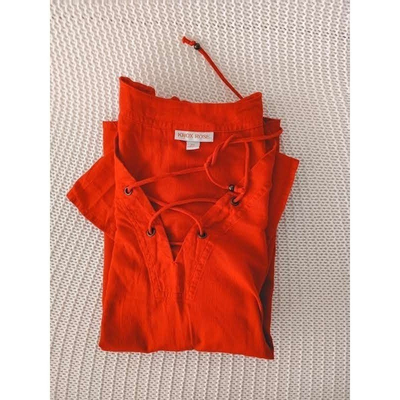 Knox Rose Red Lace Up 100% Cotton Bohemian Blouse  Fits L/ XL Short Slve V-Neck