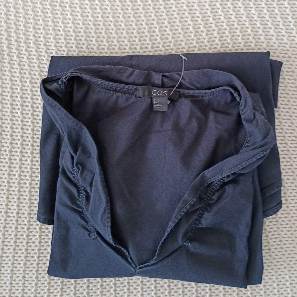 COS Navy Blue V-Neck Ruffle Trim 3/4 Sleeve Cotton Blend Blouse Top Small $89