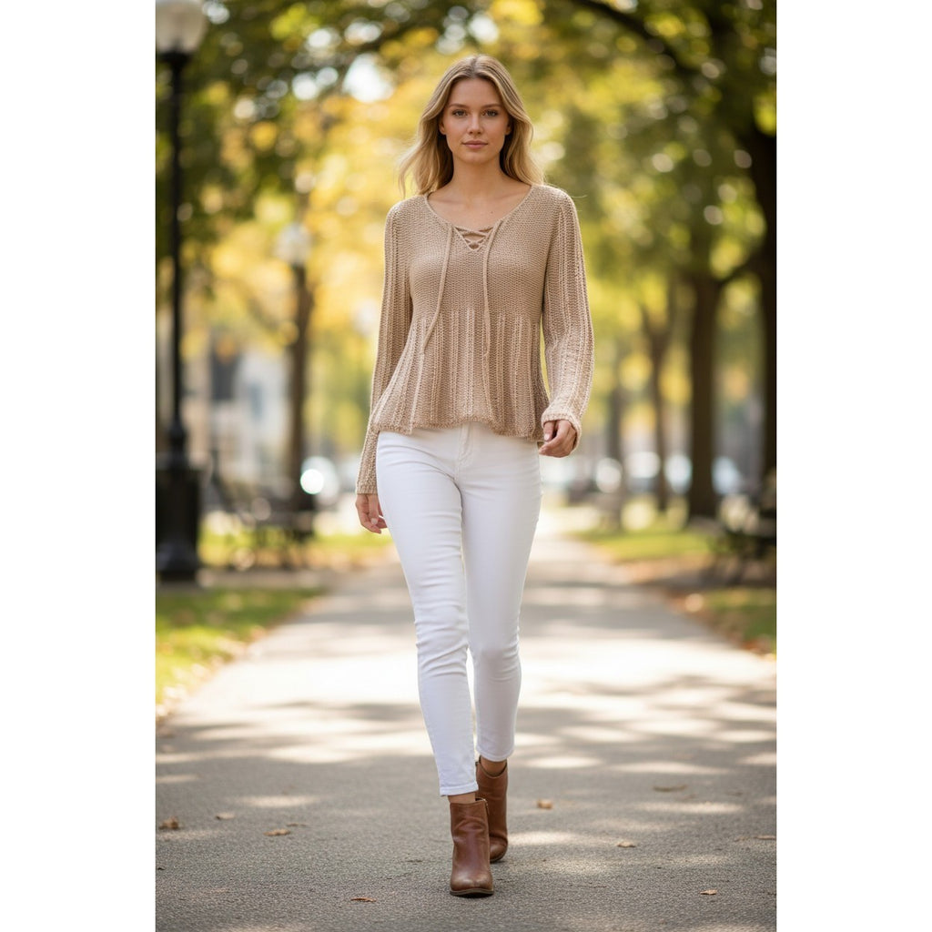 Max Studio Tan Beige Lace Up Hippie V-Neck Open Knit Ribbed Sweater S Coastal