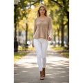 Max Studio Tan Beige Lace Up Hippie V-Neck Open Knit Ribbed Sweater S Coastal