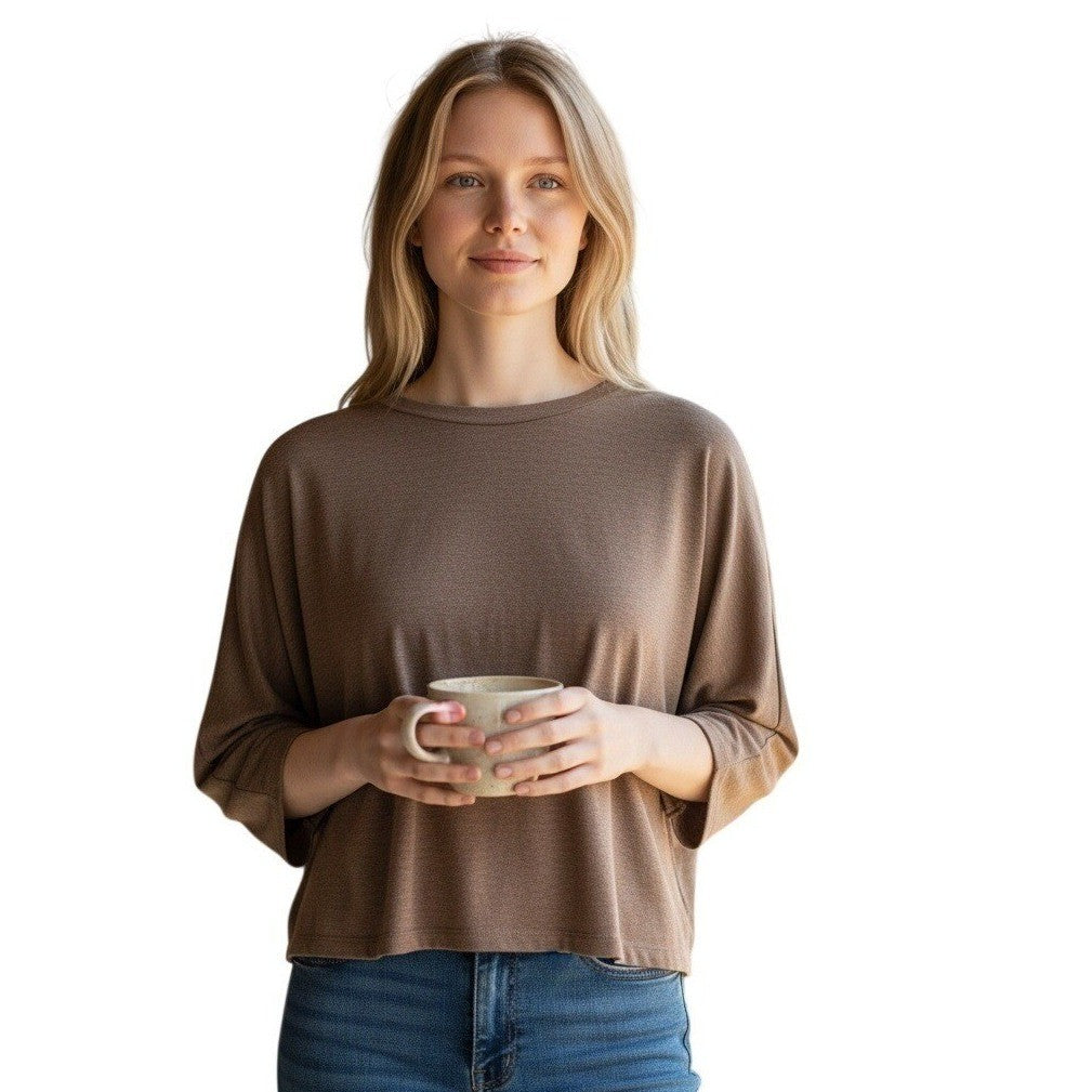 ZARA Basic Linen Blend Dolman Sleeve Cropped Sweater Brown Effortless S