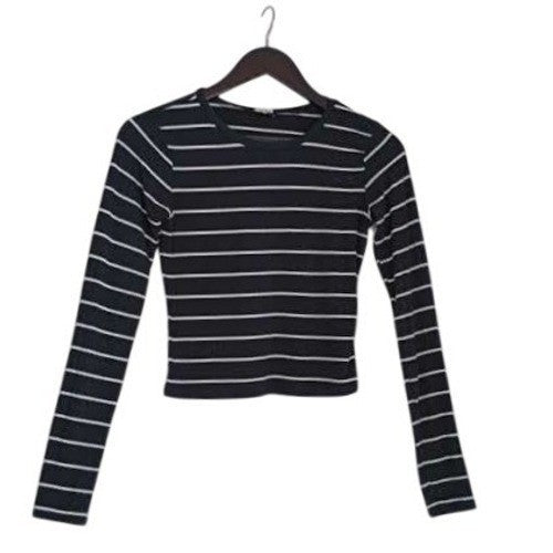 GARAGE Striped Distressed Ribbed Knit Crop Top Navy White XS