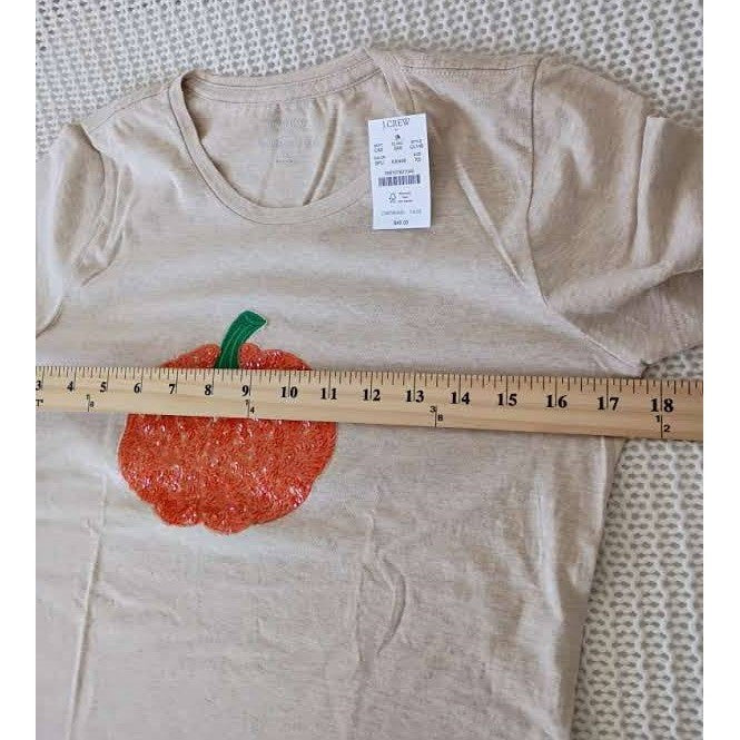 J.Crew NWT Collector Pumpkin Sequin Graphic Tee Shirt Beige 100% Cotton S