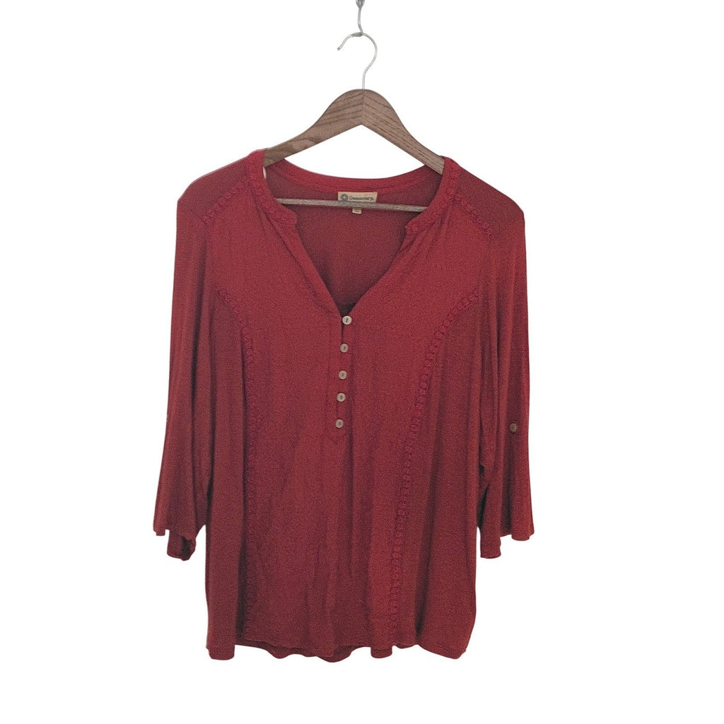Democracy Red V Neck 3/4 Sleeve Button Front Textured Top Plus 1X XL Boho