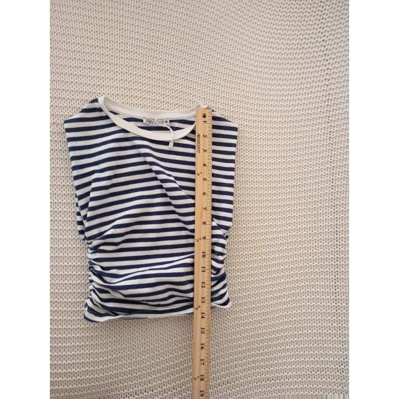 Zara Navy Blue White Striped Ruched Side T-Shirt Short Sleeve Women's Size S