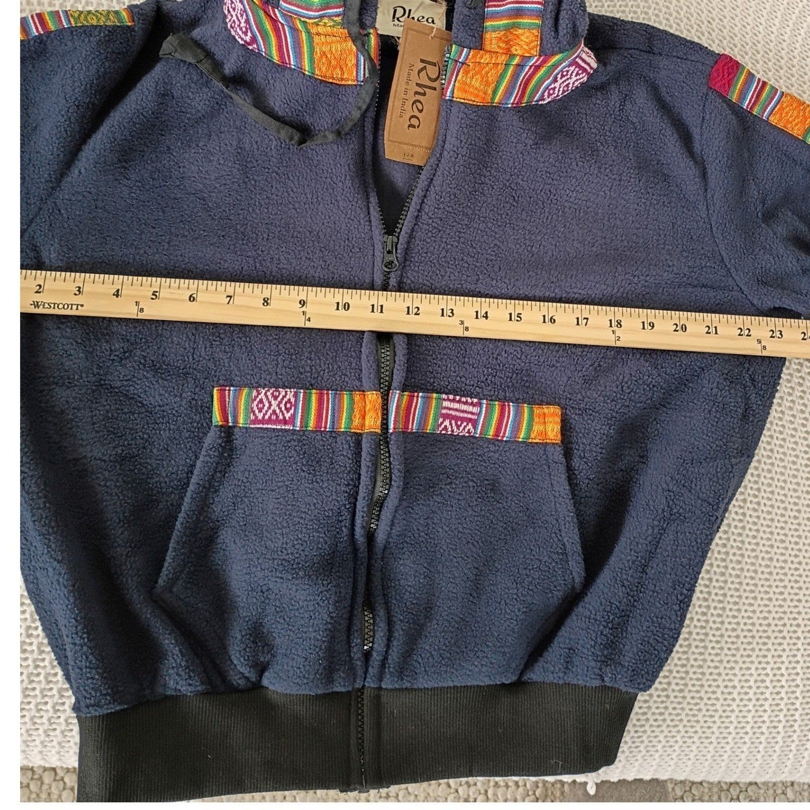 NWT Rhea Artisan Fleece Hoodie Jacket Navy Boho Trim Zip Up Women Unisex L NWT