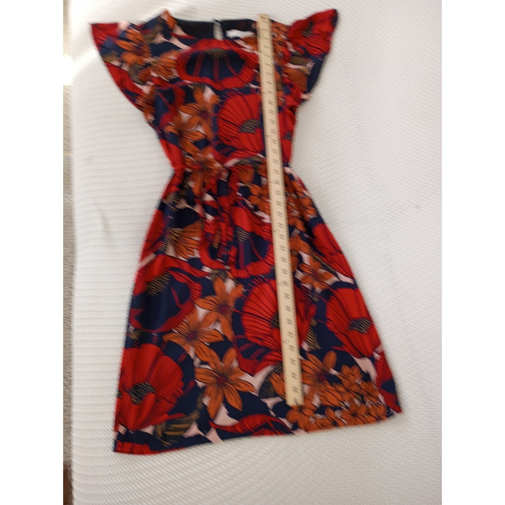 LOFT Poppy Floral Flutter Sleeve Tie Waist Mini Dress S Black Orange Boho Summer
