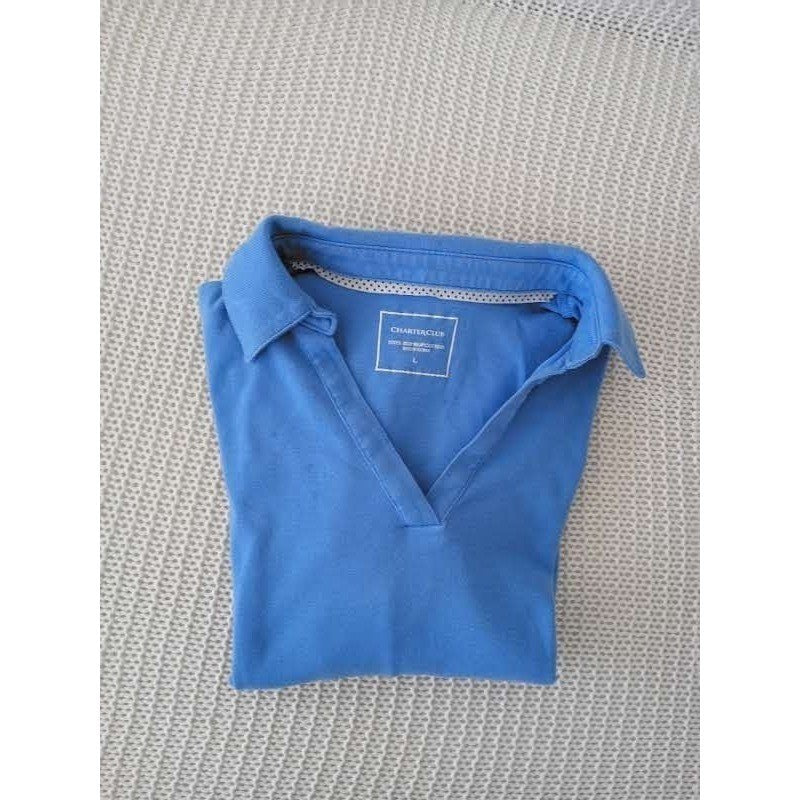 Charter Club Blue 100% Supima Cotton Long Sleeve Split V-Neck Polo Shirt L