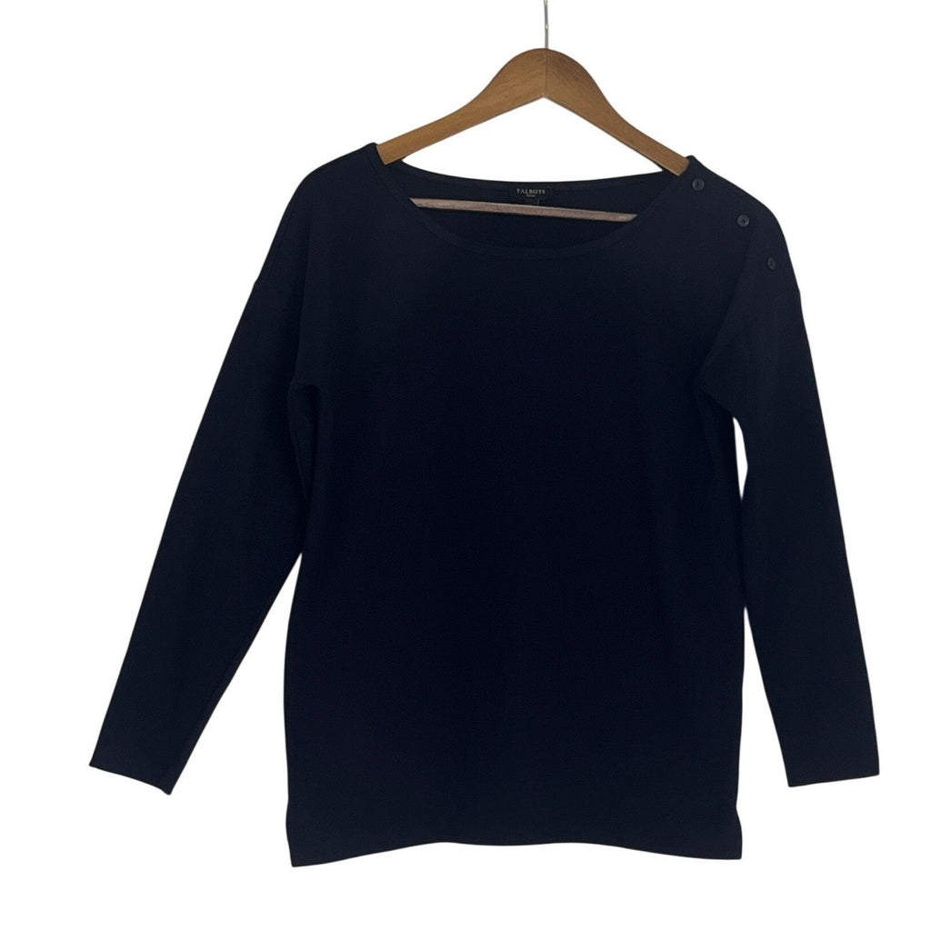 Talbots 100% Cotton Navy Blue Long Sleeve Button Shoulder Top Size SP