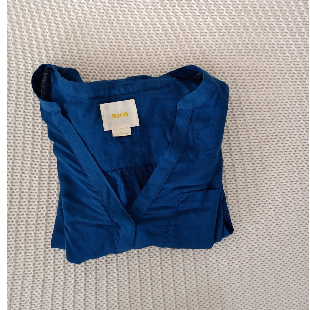 Maeve Anthropologie Teal Blue Peplum Blouse Split Neck Rayon Top Fits S Boho $88
