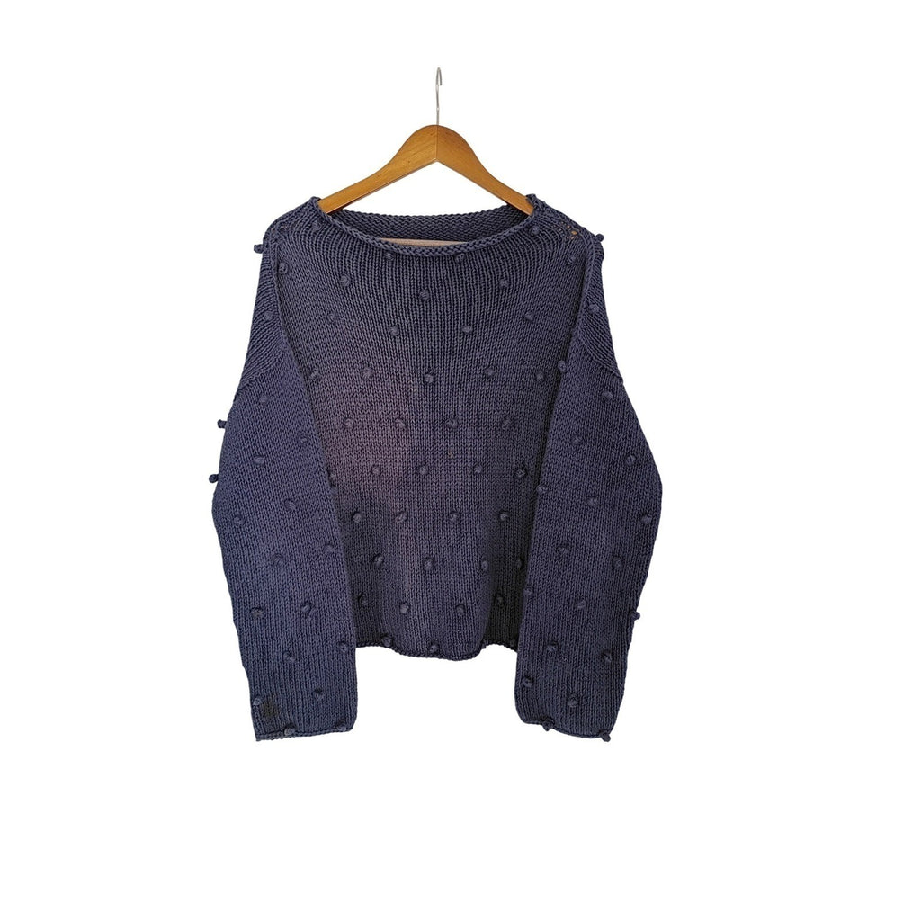 Pure Handknit Blue Cotton Bobble Sweater M/L Boat Neck Long Sleeve