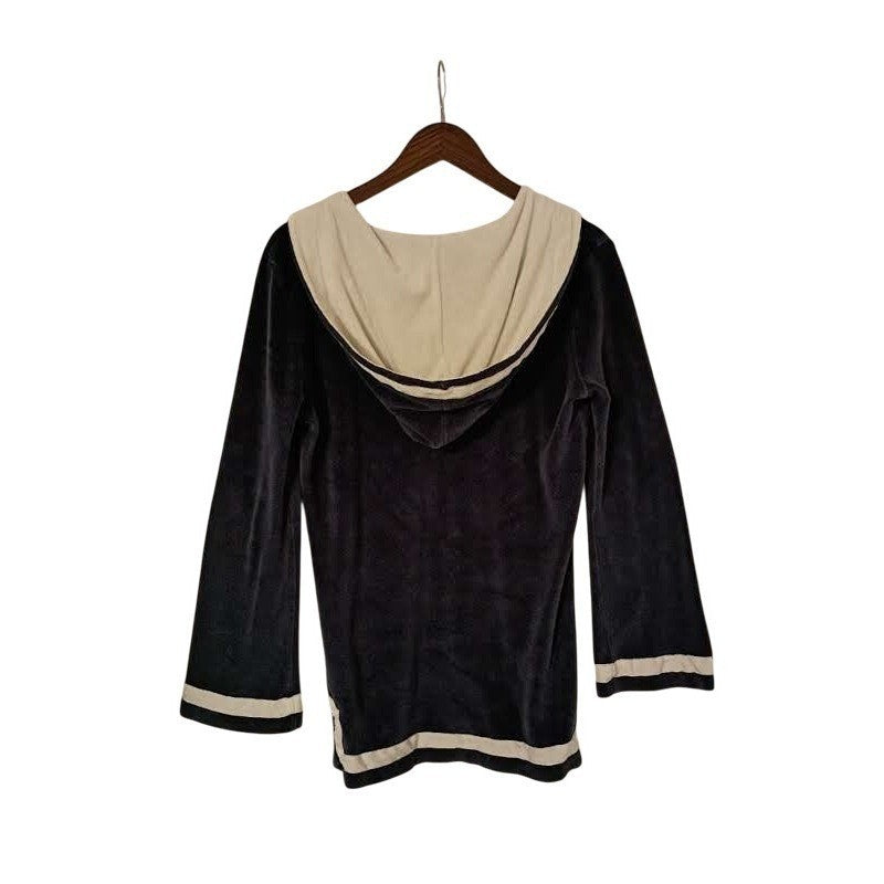 Nautica Velour Cotton Hoodie Pullover V Neck Navy Tan Size S