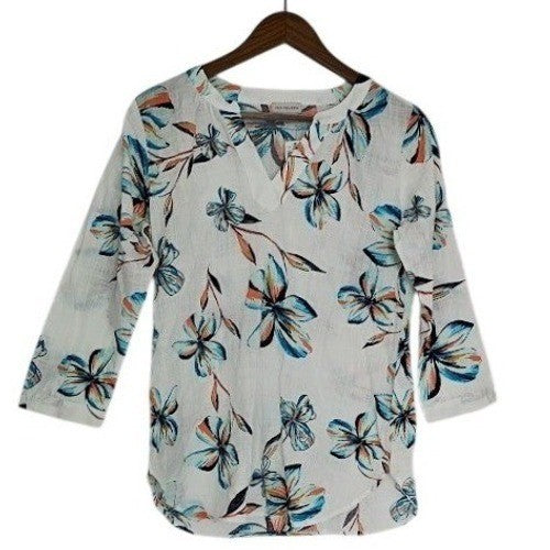 NWT Van Heusen Cotton White Floral Print 3/4 Sleeve V-Neck Top Minimalist S