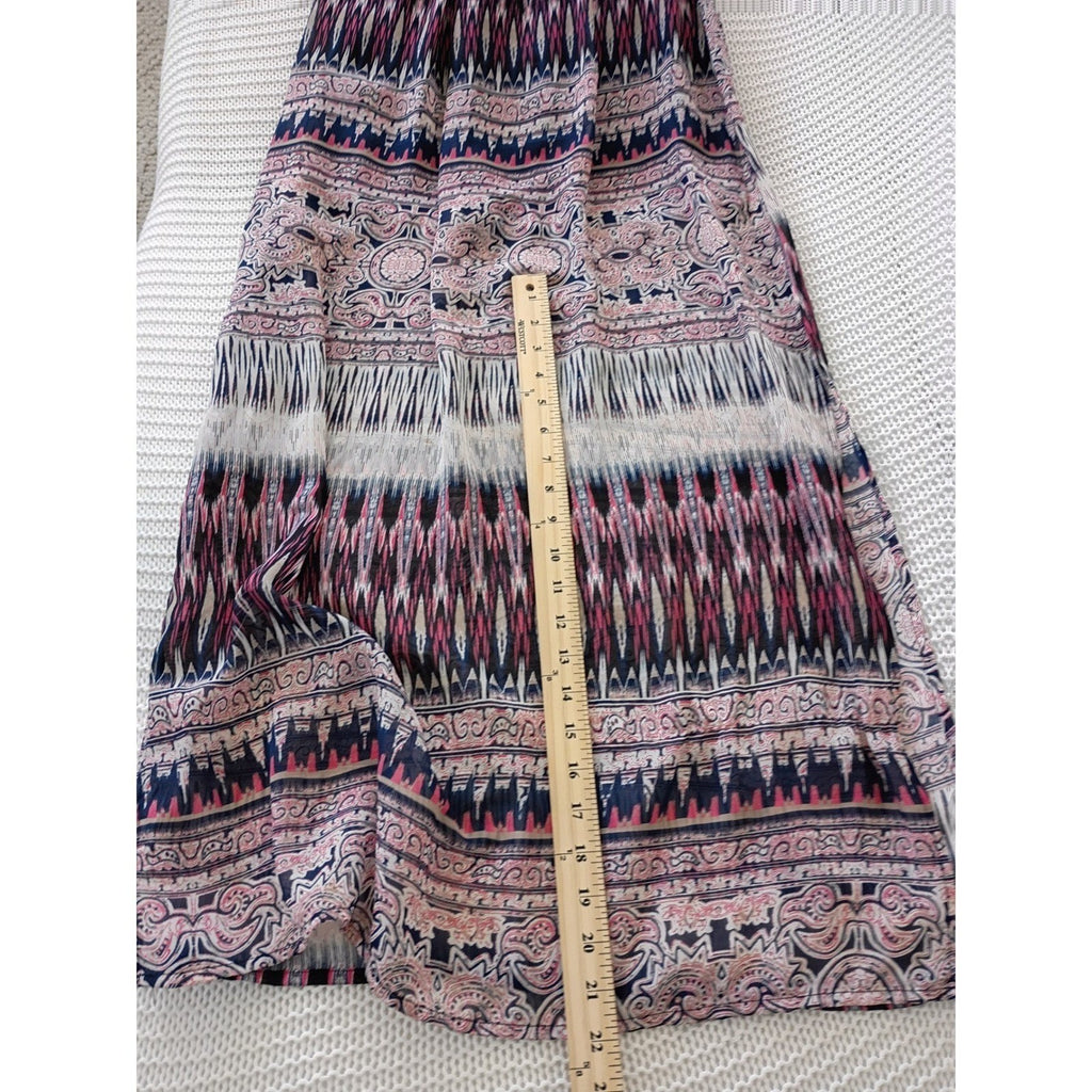 Trixxi Navy Pink Geometric Paisley Lace Sheer Maxi Dress Small Boho Slit Beach