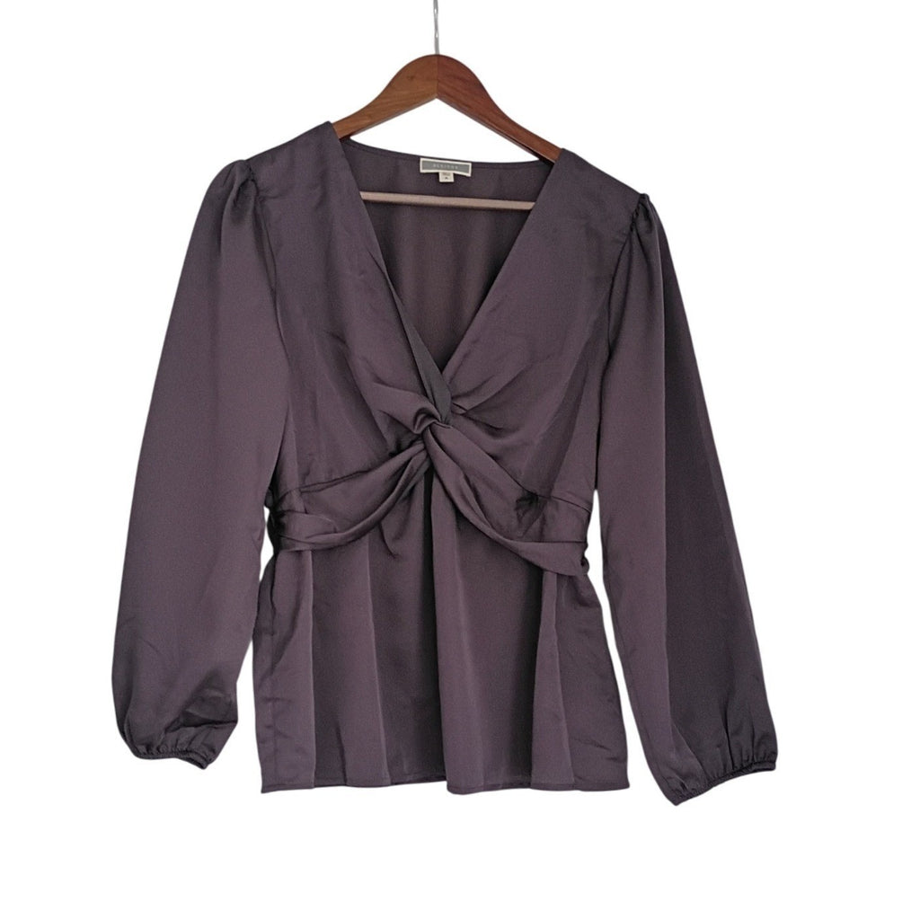 PLEIONE Coquette Plum Romantic Twist-Front Empire Blouse Soft Drape M NWOT