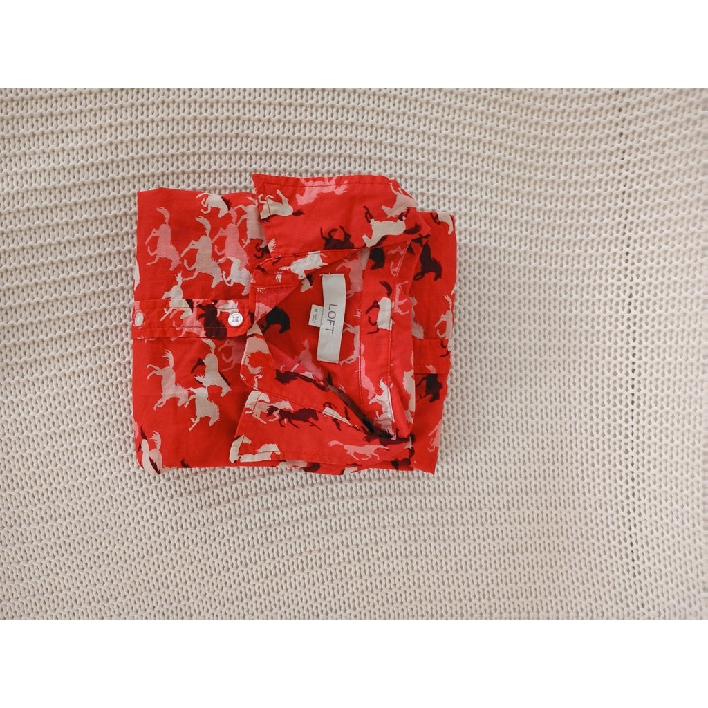 LOFT $60 Red Horse Equestrian Print Cotton Shirt Medium M Long Sleeve Preppy