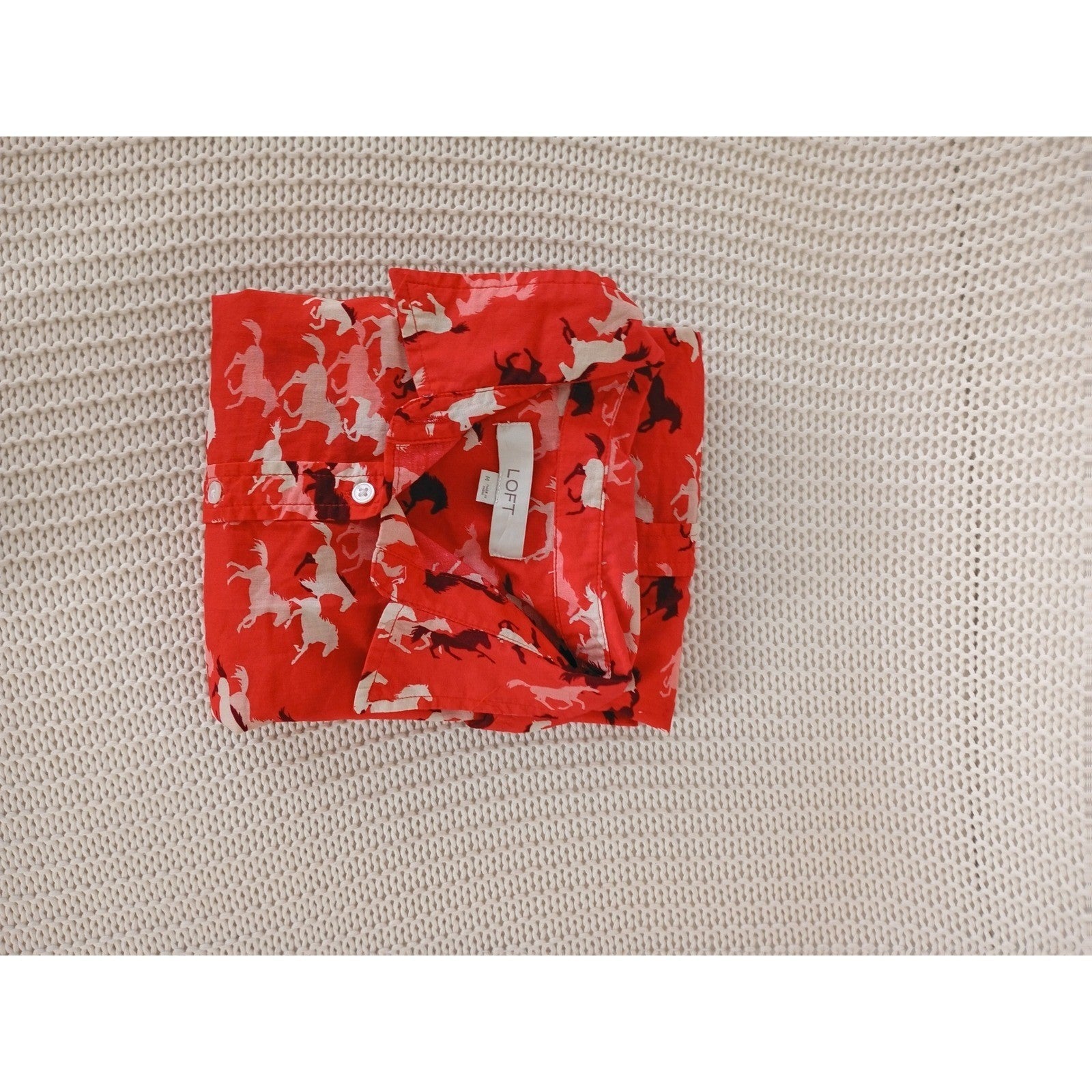 LOFT $60 Red Horse Equestrian Print Cotton Shirt Medium M Long Sleeve Preppy