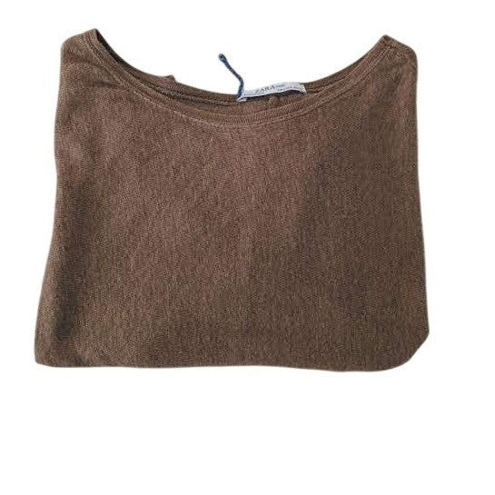 ZARA Basic Linen Blend Dolman Sleeve Cropped Sweater Brown Effortless S
