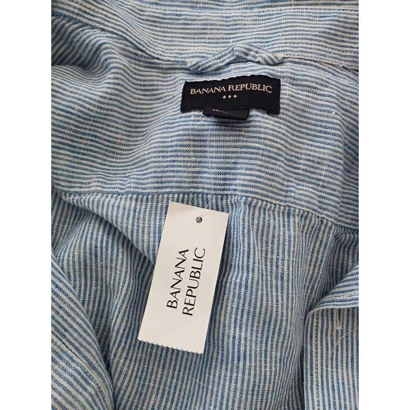 New Banana Republic Blue White Stripe 55% Linen  Button Down Shirt Men Medium M