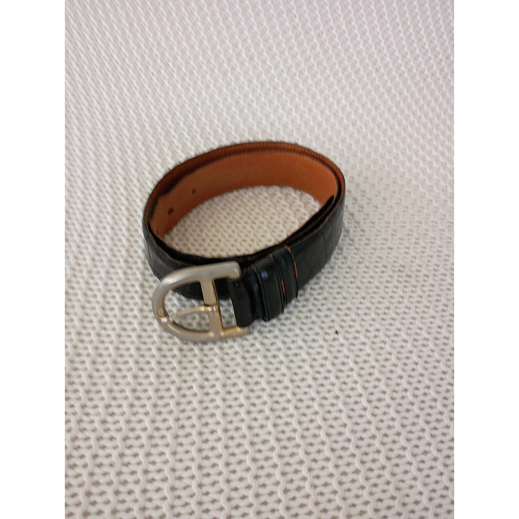 VTG DKNY Black Croc Embossed Leather Belt Silver Buckle USA Small